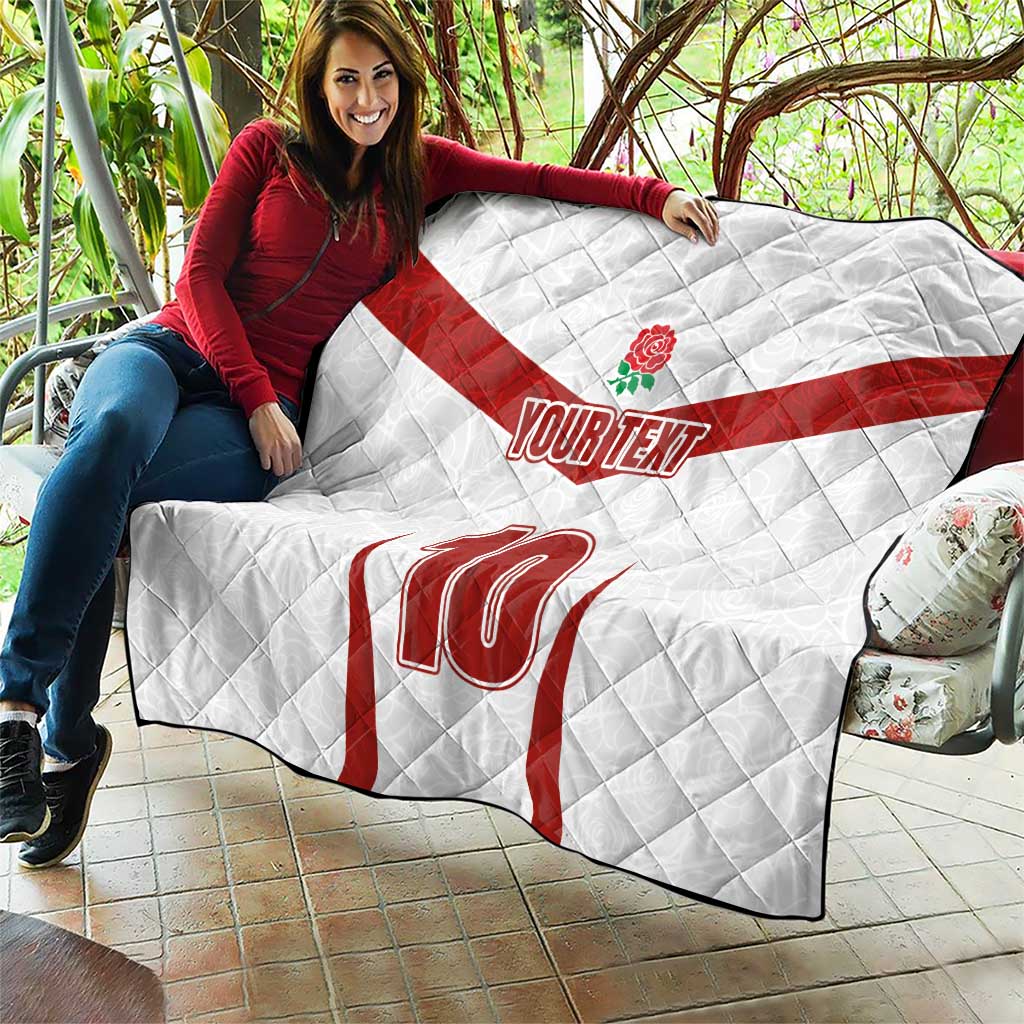 White and red quilt blanket with red diagonal stripe, rose emblem, YOUR TEXT, and 10