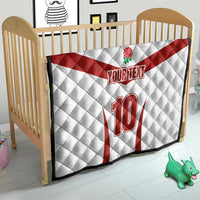 White and red quilt for crib with rose emblem, YOUR TEXT, and large 10