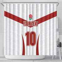 White shower curtain with red diagonal band, rose badge, custom text and number 10