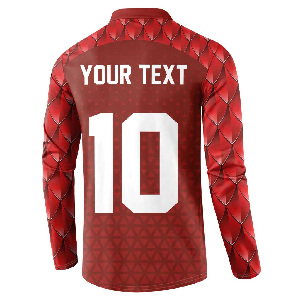 Red rugby button sweatshirt back with 'YOUR TEXT' and large number 10 print.