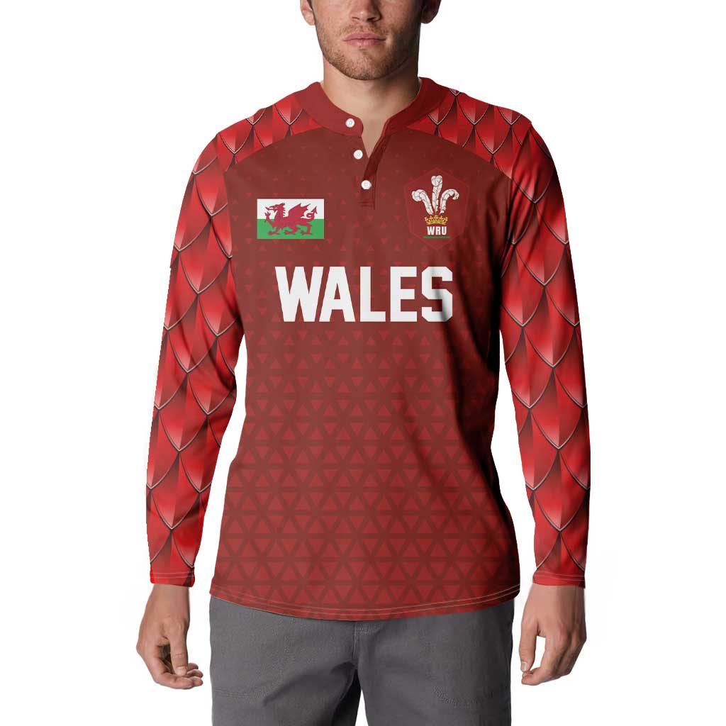 Red Wales rugby button sweatshirt on model, long sleeves, collared placket, front logo.