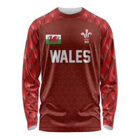 Red Wales rugby long-sleeve shirt, front with Wales lettering and WRU logos