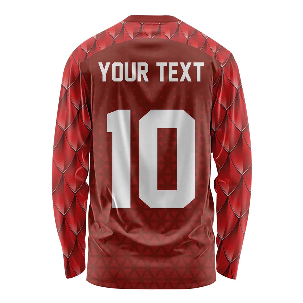Red rugby long-sleeve shirt back, YOUR TEXT with large 10 number
