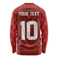 Red rugby long-sleeve shirt back, YOUR TEXT with large 10 number