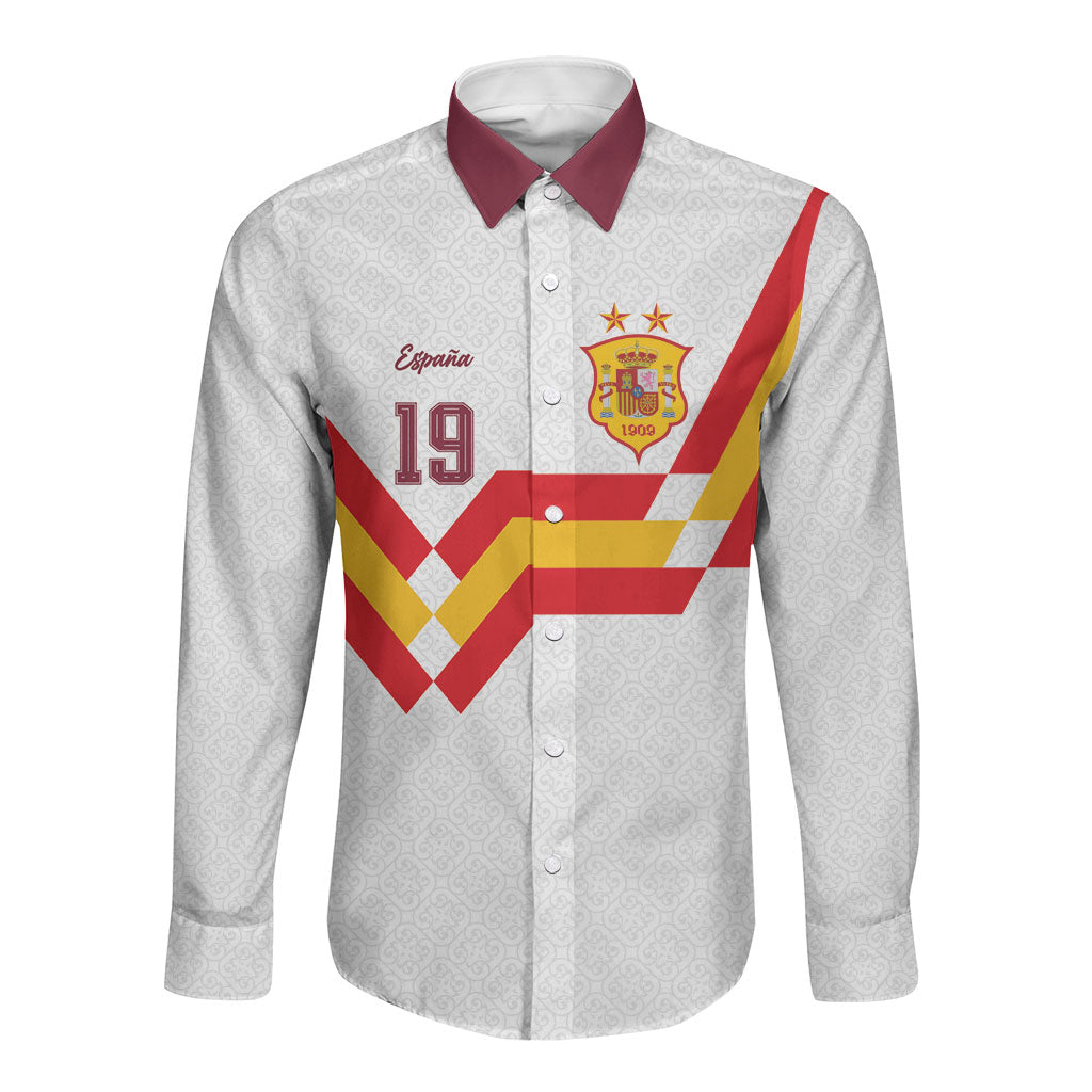 Custom Spain National Football Long Sleeve Button Shirt Geometric Flag Stripe Pattern Retro Graphic Concept