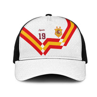Custom Spain National Football Mesh Trucker Cap Geometric Flag Stripe Pattern Retro Graphic Concept