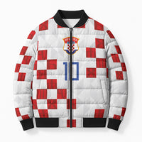 Custom Croatia National Football Bomber Puffer Jacket Red Checkerboard Glagolitic Script Geometric Pattern Art