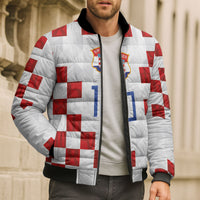 Custom Croatia National Football Bomber Puffer Jacket Red Checkerboard Glagolitic Script Geometric Pattern Art