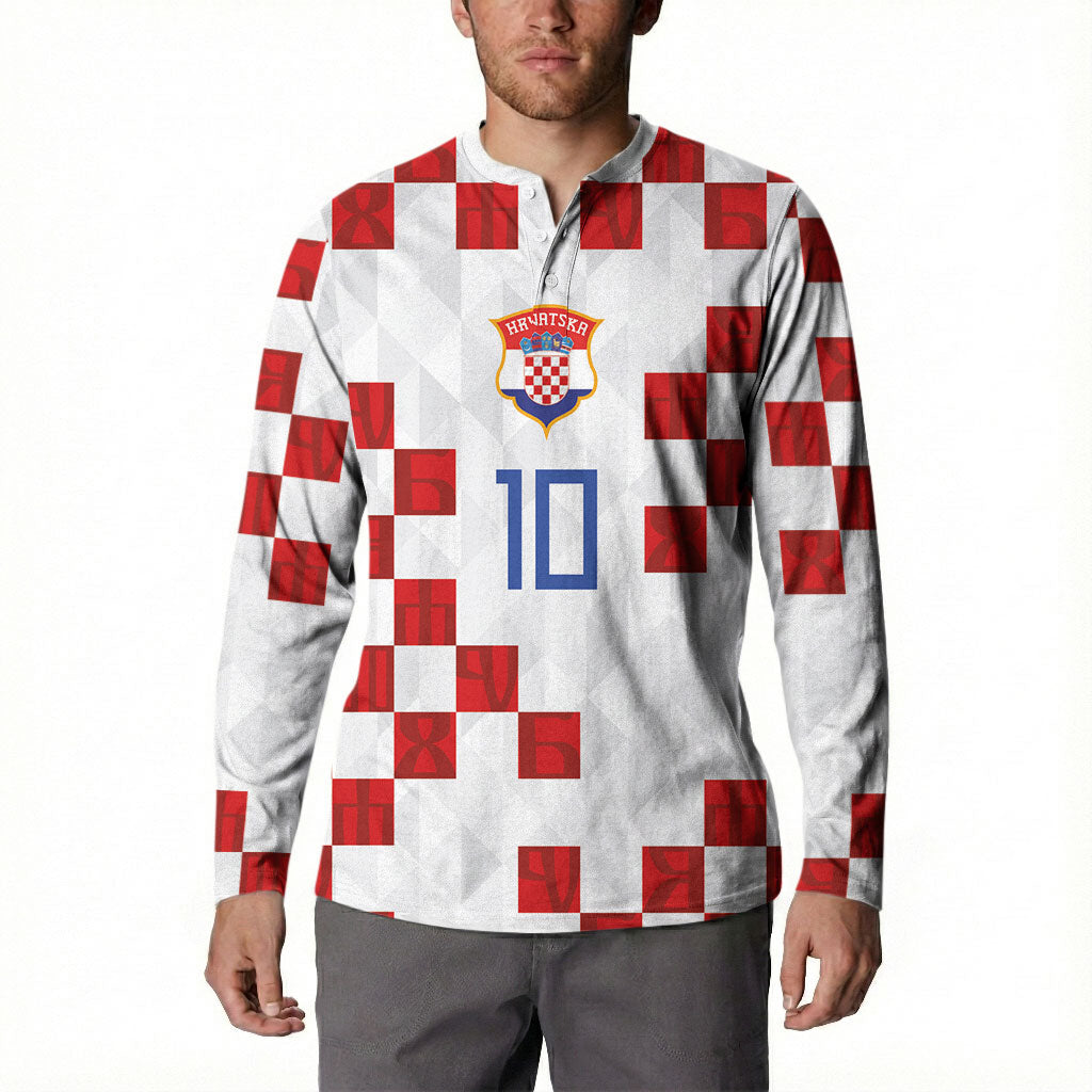 Custom Croatia National Football Button Sweatshirt Red Checkerboard Glagolitic Script Geometric Pattern Art
