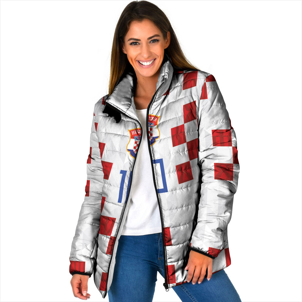 Custom Croatia National Football Padded Jacket Red Checkerboard Glagolitic Script Geometric Pattern Art