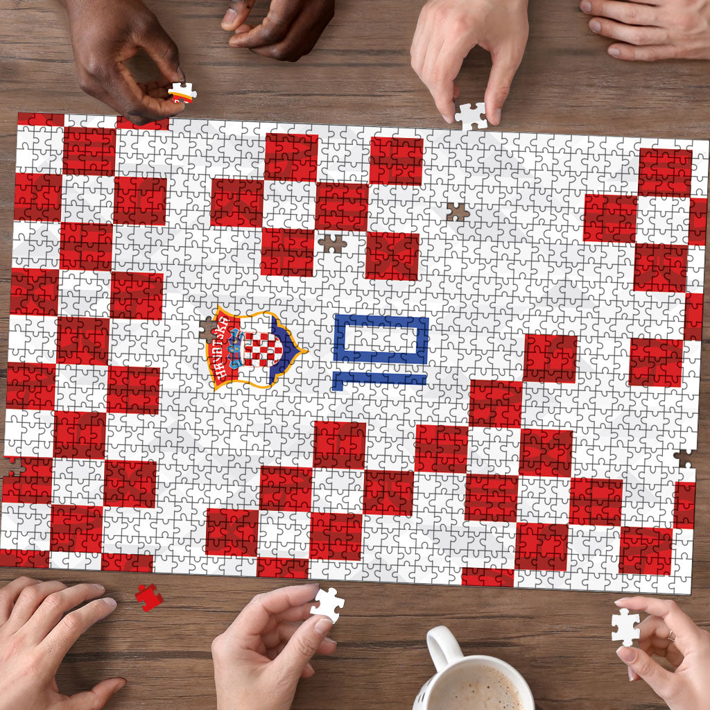 Custom Croatia National Football Puzzle Red Checkerboard Glagolitic Script Geometric Pattern Art