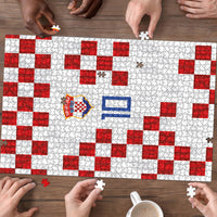 Custom Croatia National Football Puzzle Red Checkerboard Glagolitic Script Geometric Pattern Art