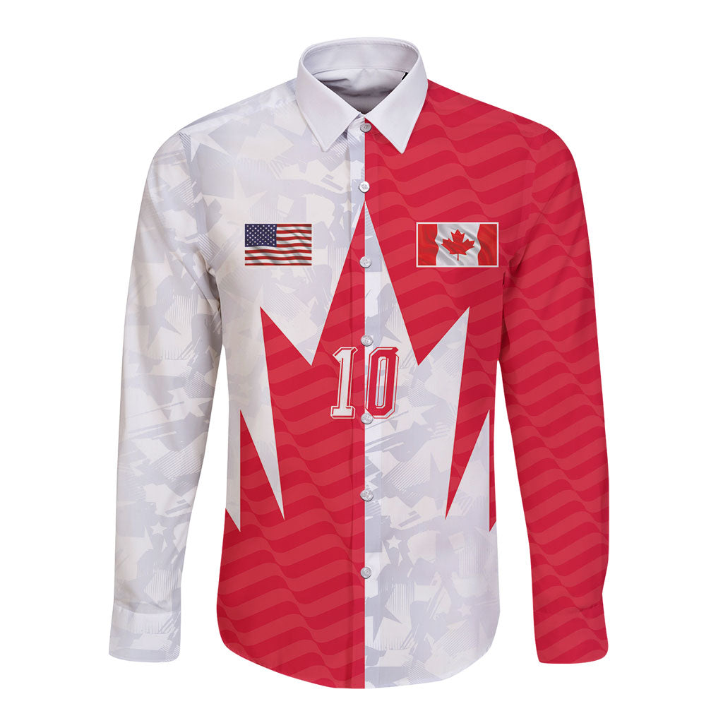 Custom USA and Canada National Football Long Sleeve Button Shirt Maple Leaf Geometric and American Stripes
