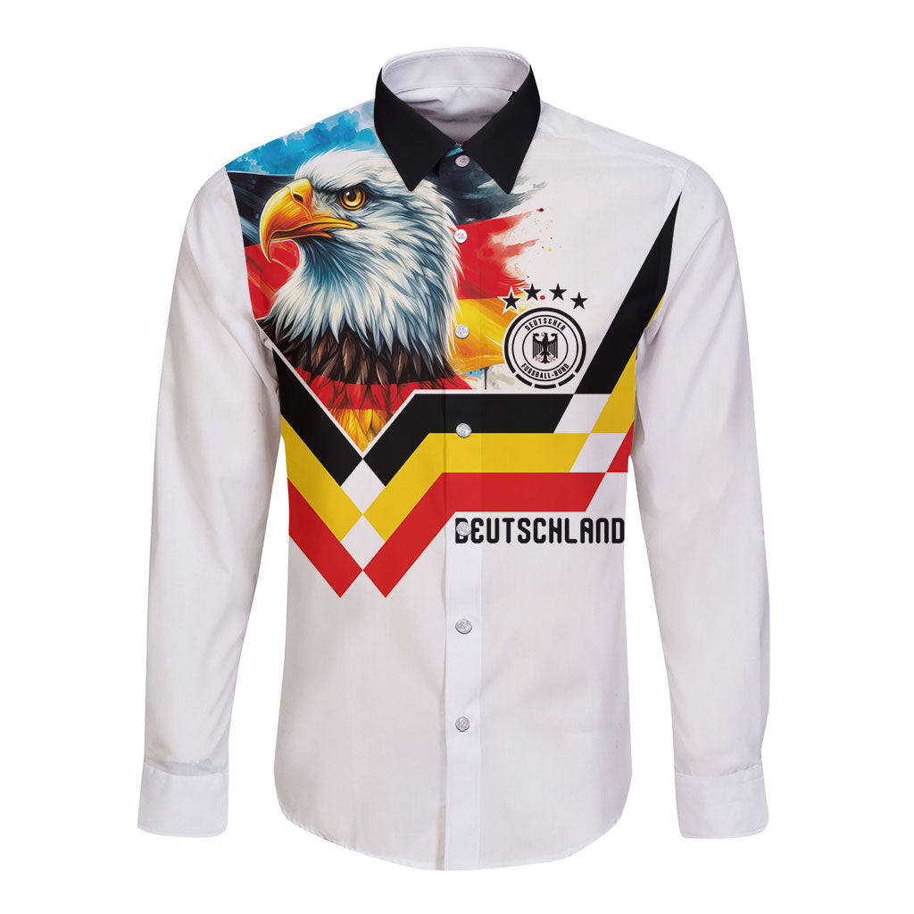 Custom Germany National Football Long Sleeve Button Shirt Deutschland Eagle Watercolor Splash Geometric Flag Stripe Pattern Art
