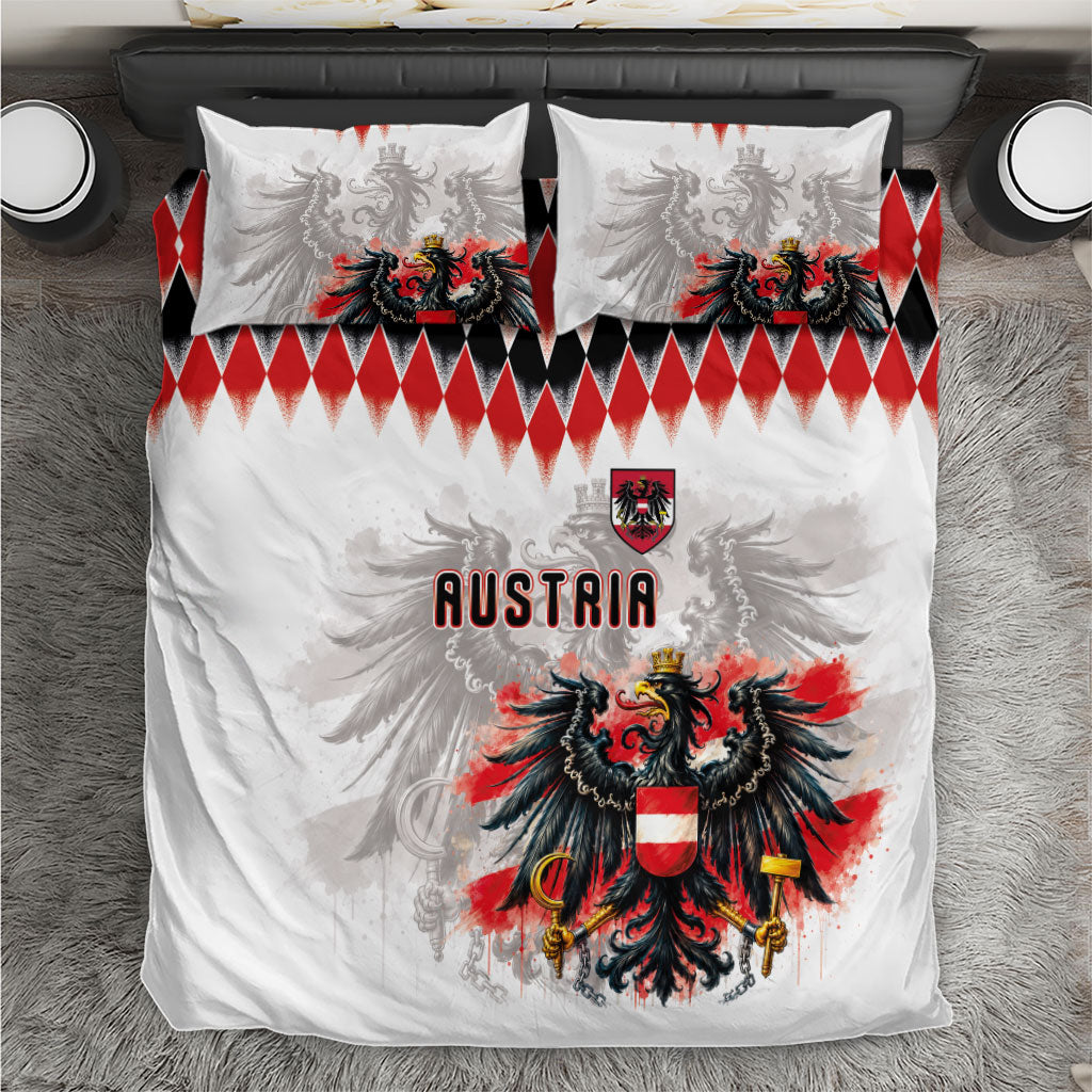 Austria National Football Bedding Set Argyle Diamond Pattern with Eagle Watercolor Paint Splash Graphic Art