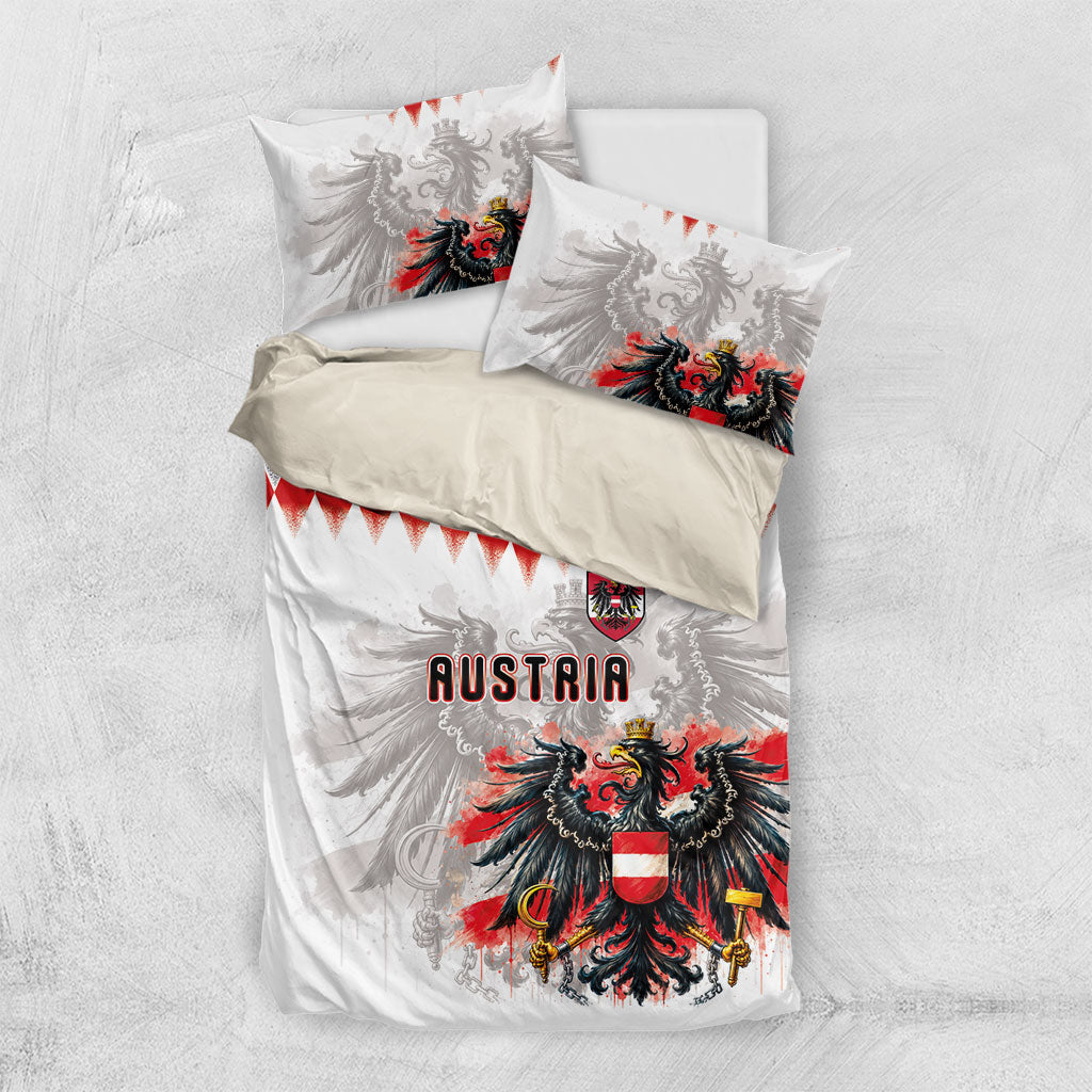 Austria National Football Bedding Set Argyle Diamond Pattern with Eagle Watercolor Paint Splash Graphic Art