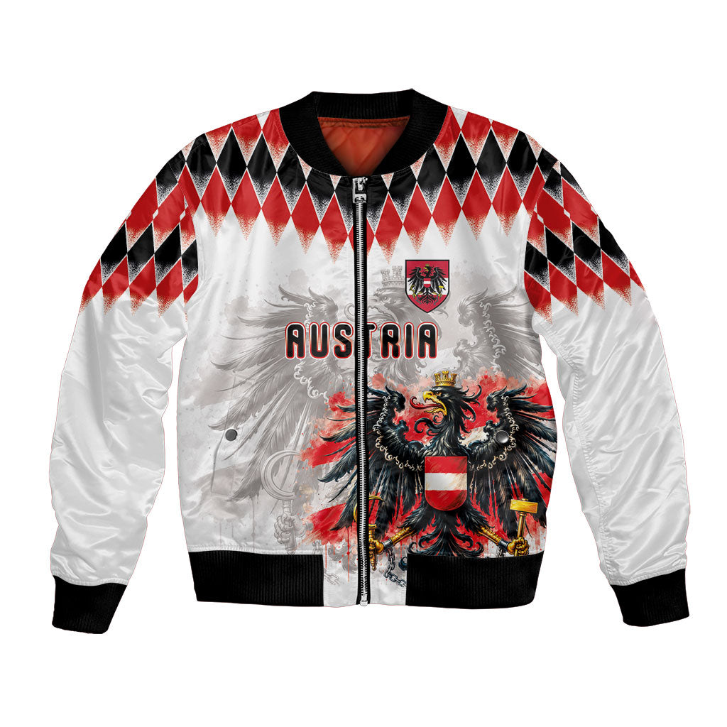 Custom Austria National Football Bomber Jacket Argyle Diamond Pattern with Eagle Watercolor Paint Splash Graphic Art