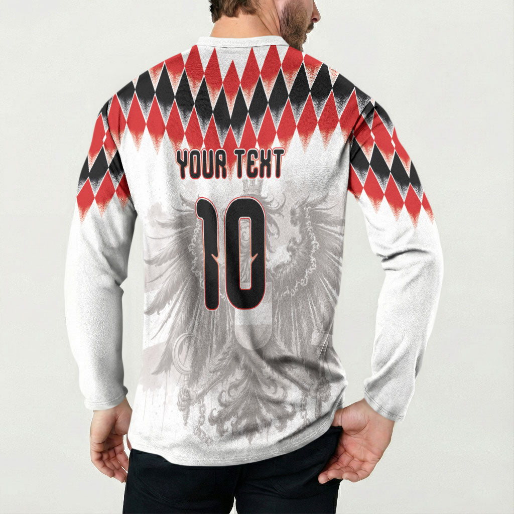 Custom Austria National Football Button Sweatshirt Argyle Diamond Pattern with Eagle Watercolor Paint Splash Graphic Art