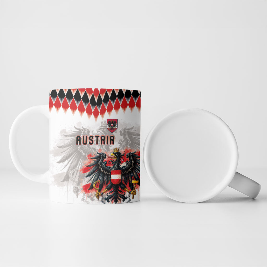 Custom Austria National Football Ceramic Mug Argyle Diamond Pattern with Eagle Watercolor Paint Splash Graphic Art