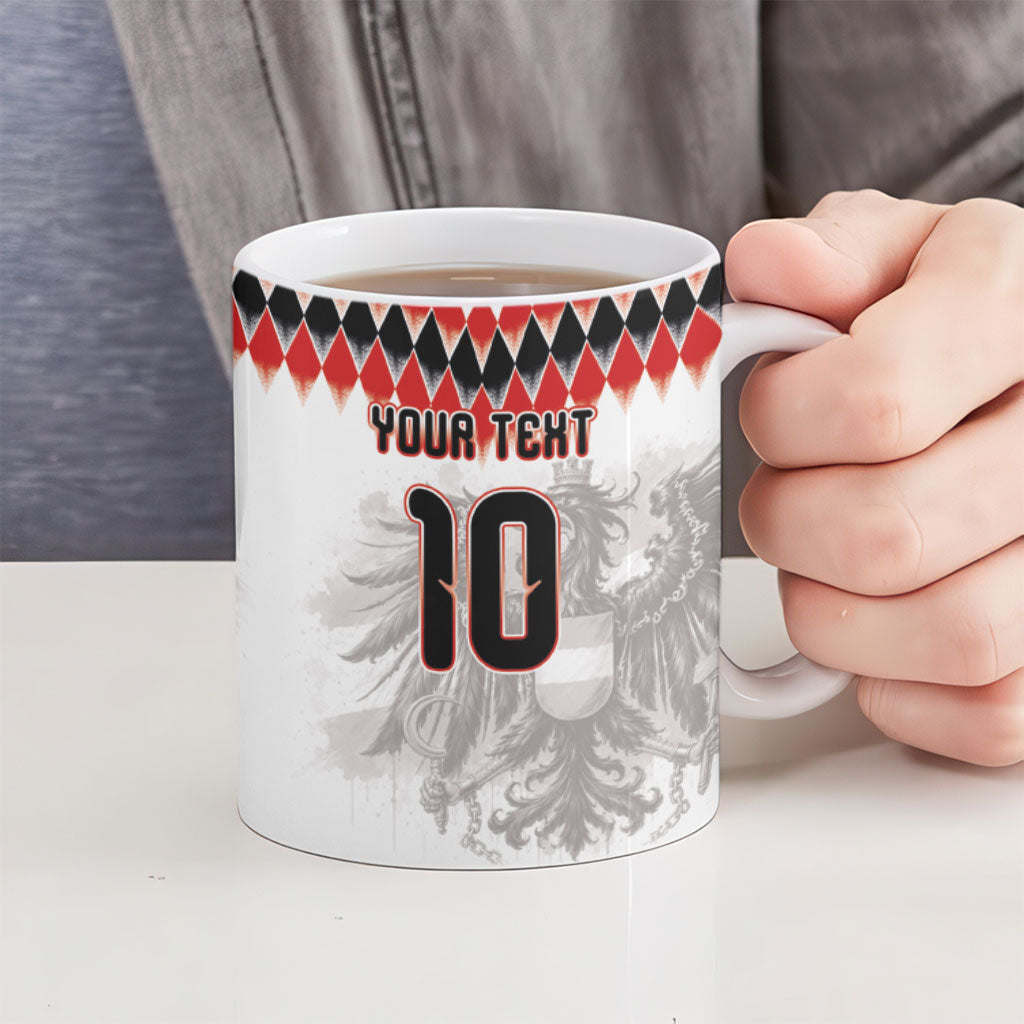 Custom Austria National Football Ceramic Mug Argyle Diamond Pattern with Eagle Watercolor Paint Splash Graphic Art