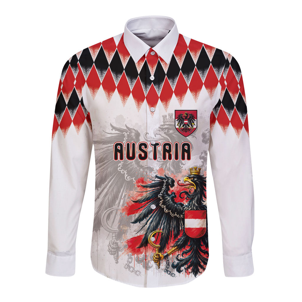Custom Austria National Football Long Sleeve Button Shirt Argyle Diamond Pattern with Eagle Watercolor Paint Splash Graphic Art