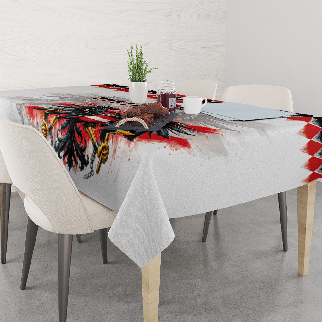 Austria National Football Tablecloth Argyle Diamond Pattern with Eagle Watercolor Paint Splash Graphic Art