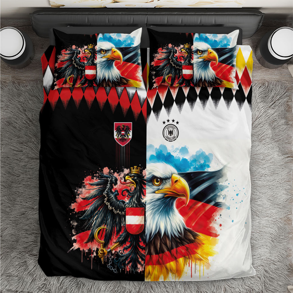 Austria and Germany National Football Bedding Set Split Half Diamond Argyle with Eagles Watercolor Paint Splash Art