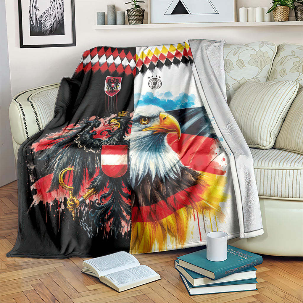 Austria and Germany National Football Blanket Split Half Diamond Argyle with Eagles Watercolor Paint Splash Art