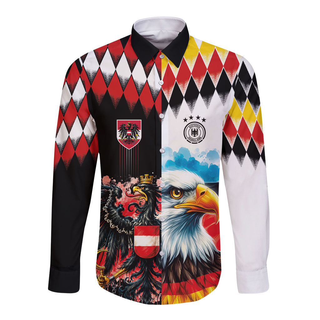 Custom Austria and Germany National Football Long Sleeve Button Shirt Split Half Diamond Argyle with Eagles Watercolor Paint Splash Art