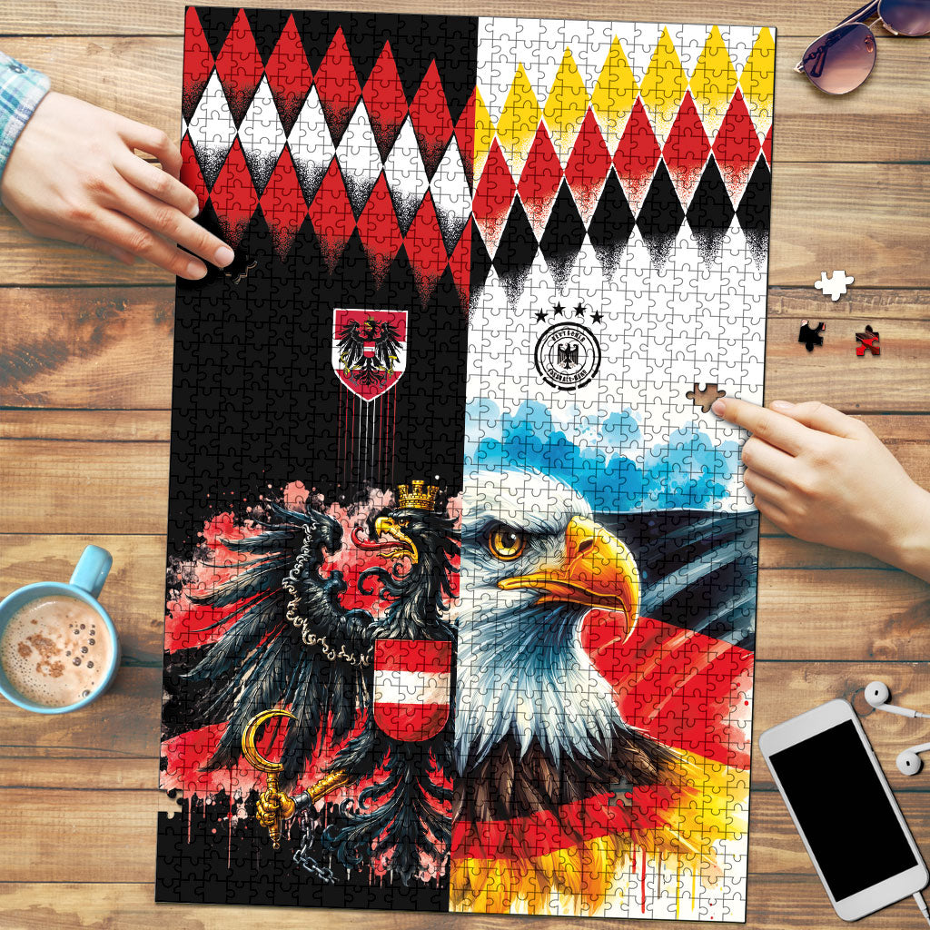 Austria and Germany National Football Puzzle Split Half Diamond Argyle with Eagles Watercolor Paint Splash Art