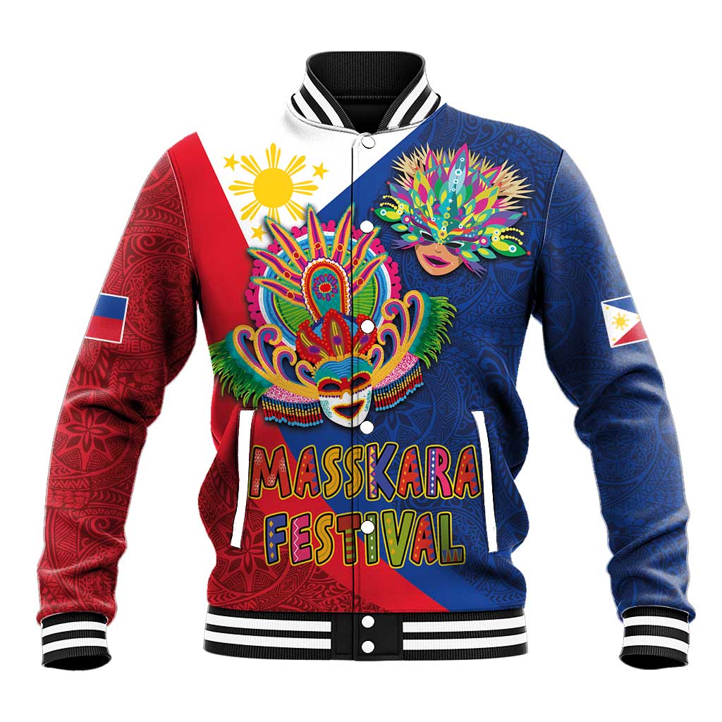 Blue and red varsity baseball jacket with colorful carnival mask graphic and striped trim