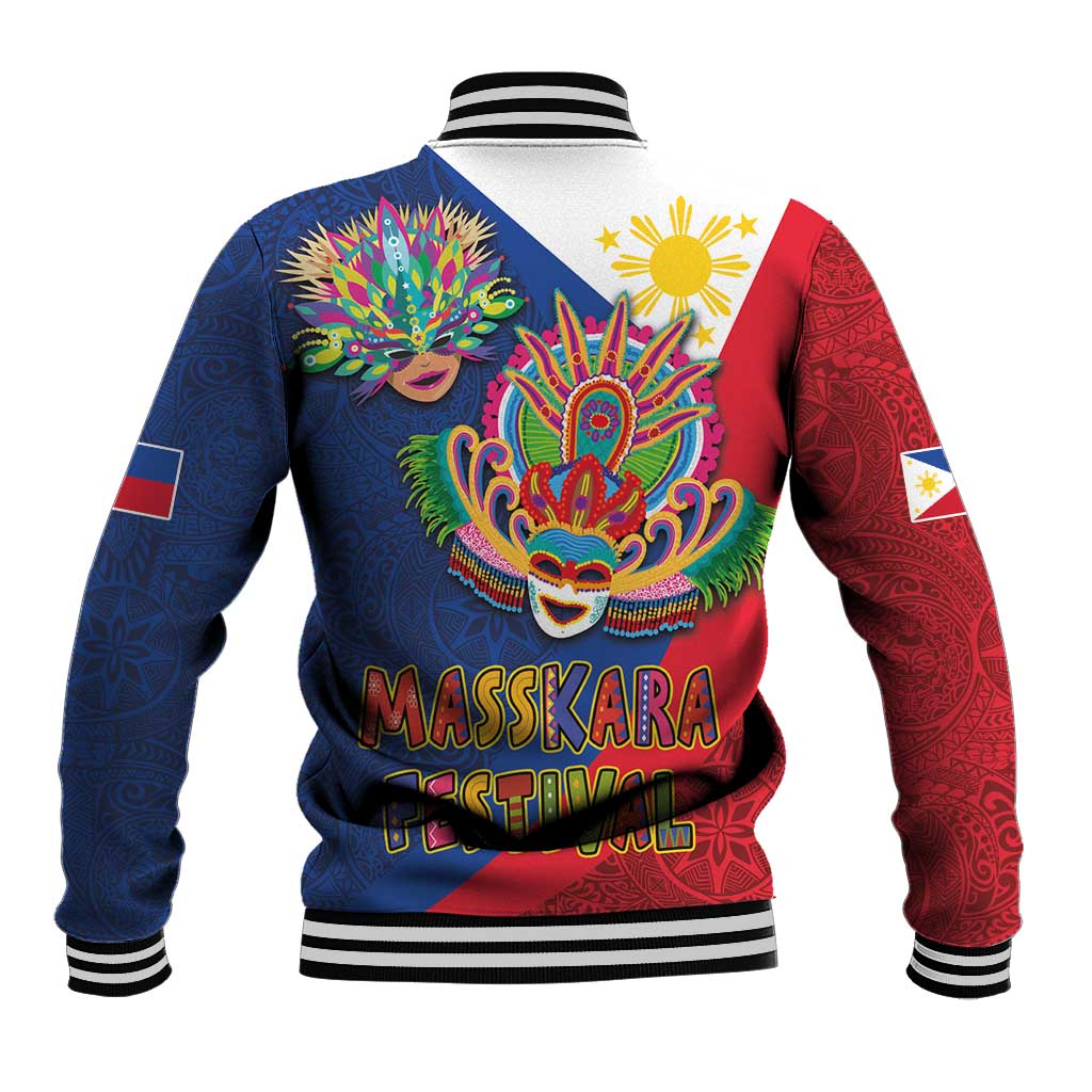 Back of blue varsity baseball jacket with colorful carnival mask and sun burst, striped cuffs
