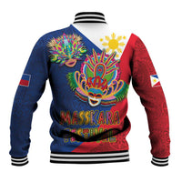 Back of blue varsity baseball jacket with colorful carnival mask and sun burst, striped cuffs