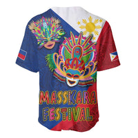 Blue baseball jersey with colorful festival mask graphic and sunburst symbols