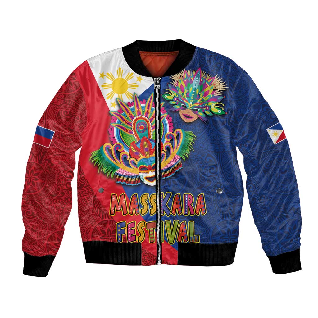Color-block bomber jacket with blue/red carnival mask graphic and “MassKara Festival” text