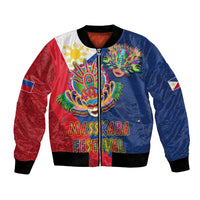 Color-block bomber jacket with blue/red carnival mask graphic and “MassKara Festival” text
