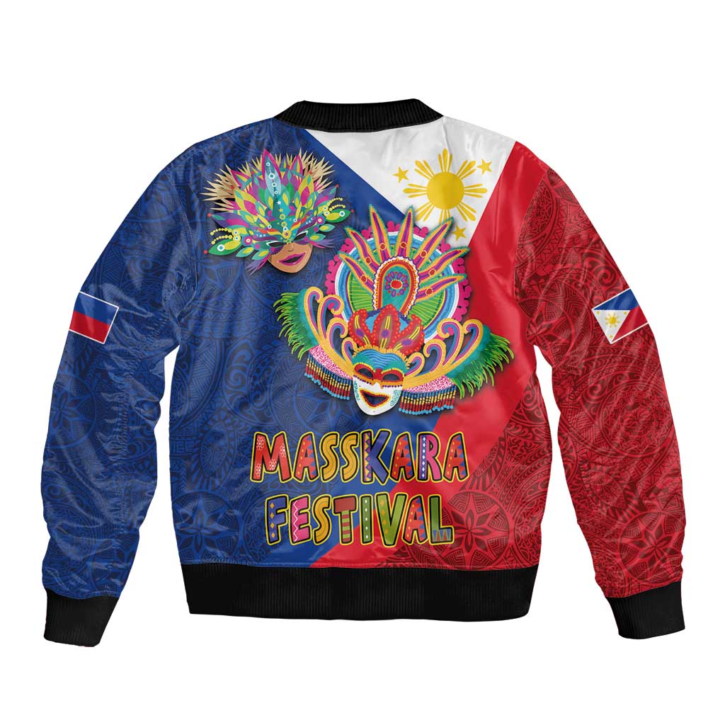 Blue and red bomber jacket with carnival mask back print and “MassKara Festival” lettering