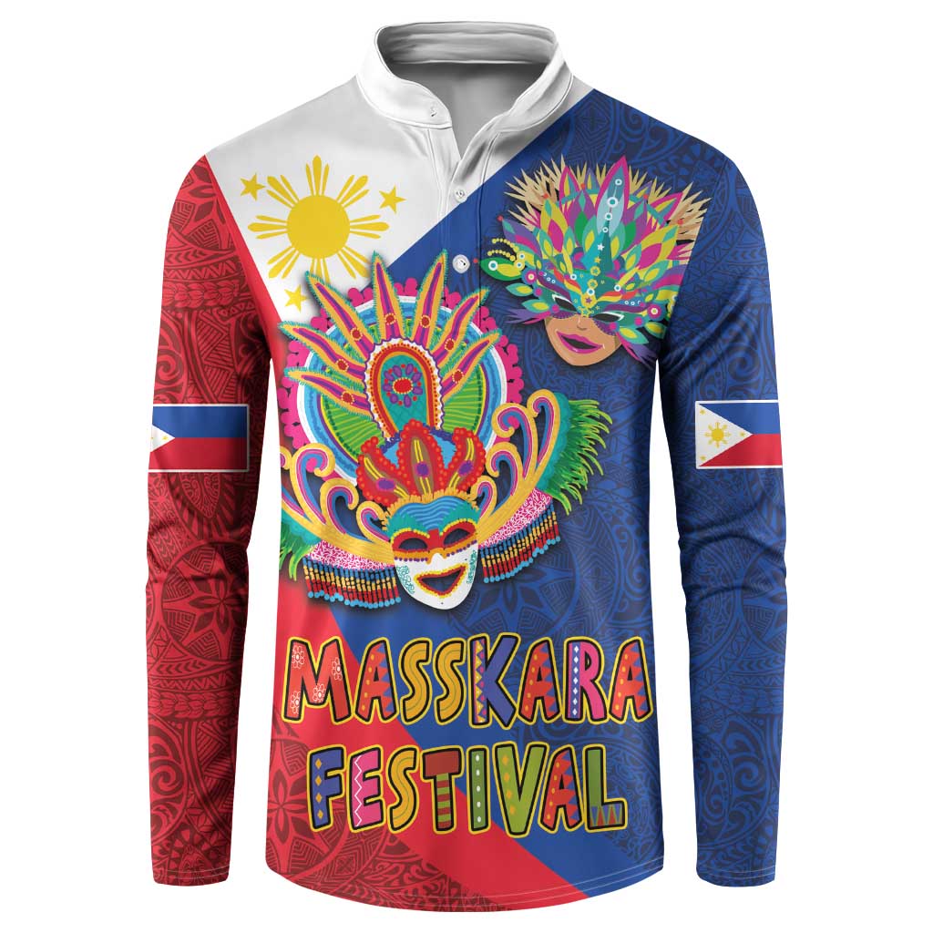 Colorful MassKara Festival graphic button sweatshirt, blue/red half, long sleeves