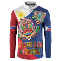Colorful MassKara Festival graphic button sweatshirt, blue/red half, long sleeves