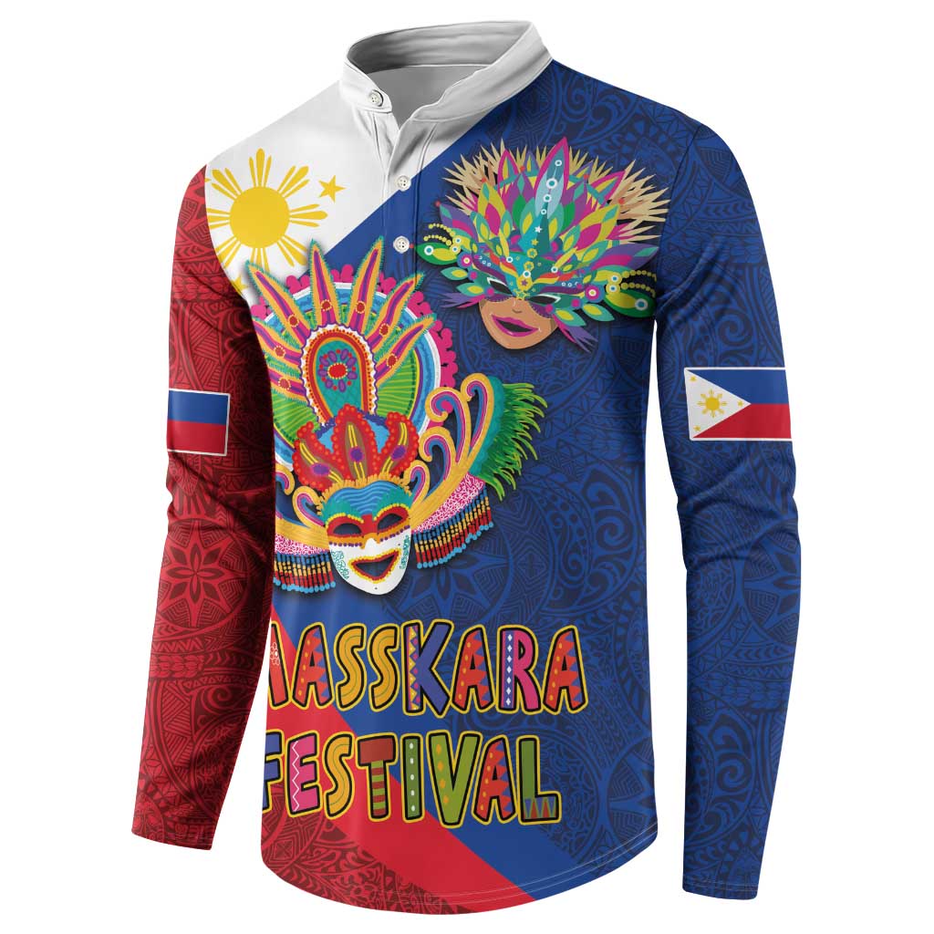 Front button sweatshirt with colorful carnival mask art and MassKara Festival text