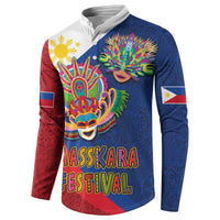Front button sweatshirt with colorful carnival mask art and MassKara Festival text