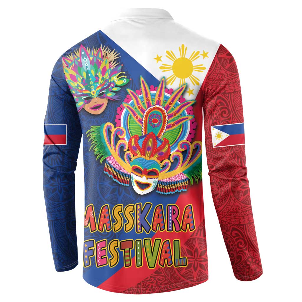 Back button sweatshirt with colorful carnival mask, sun icons, blue and red panels