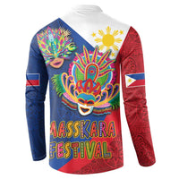 Back button sweatshirt with colorful carnival mask, sun icons, blue and red panels