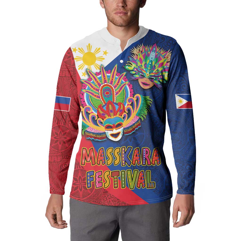 Front button sweatshirt with bold carnival mask and MassKara Festival lettering