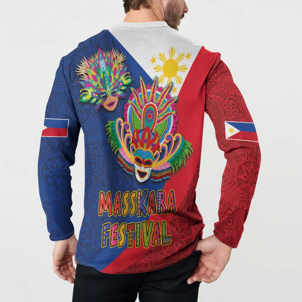 Back button sweatshirt with colorful mask artwork and sun motif, blue and red panels