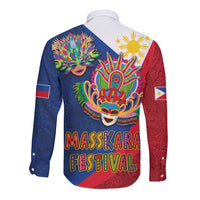 Long sleeve button shirt with colorful mask graphic and “MassKara Festival” text, blue and red