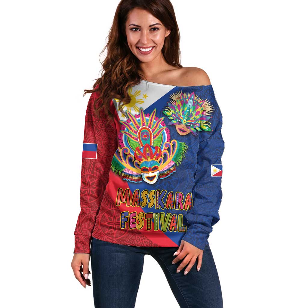 Philippines MassKara Off Shoulder Sweater Filipino Carnival Mask and Polynesian Pattern - Wonder Print Shop