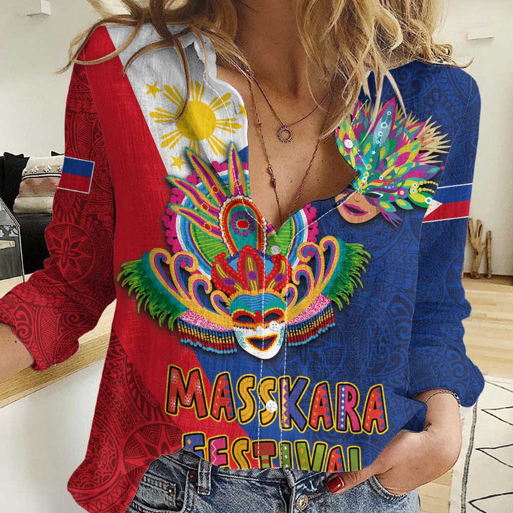 Philippines MassKara Women Casual Shirt Filipino Carnival Mask and Polynesian Pattern - Wonder Print Shop