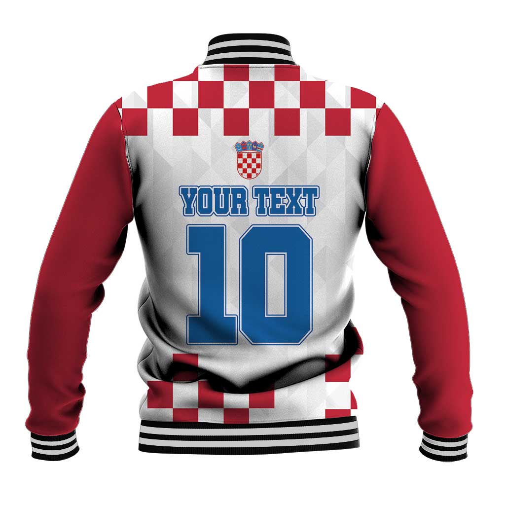Back of red and white checker baseball jacket with 'YOUR TEXT' and large blue 10