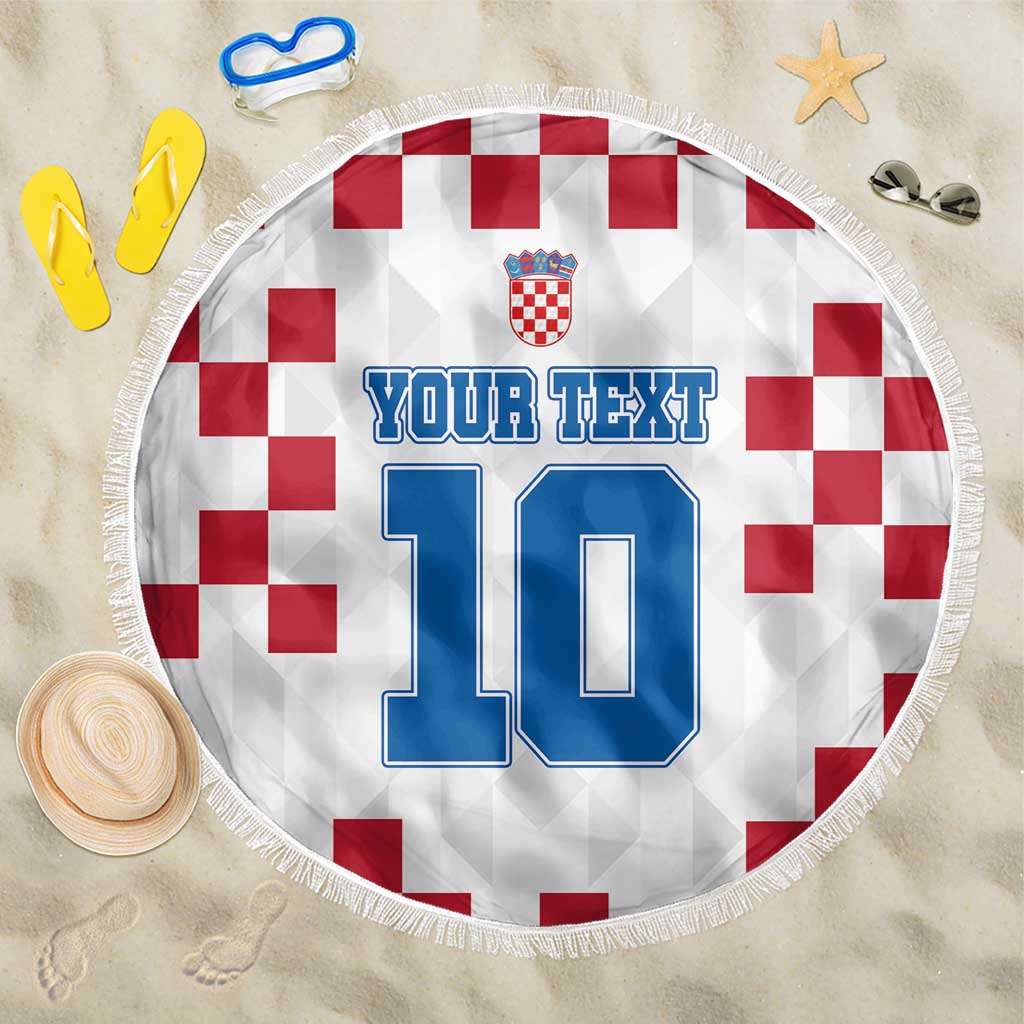 Round Croatia-themed beach blanket, red check pattern with number 10 and fringed edge
